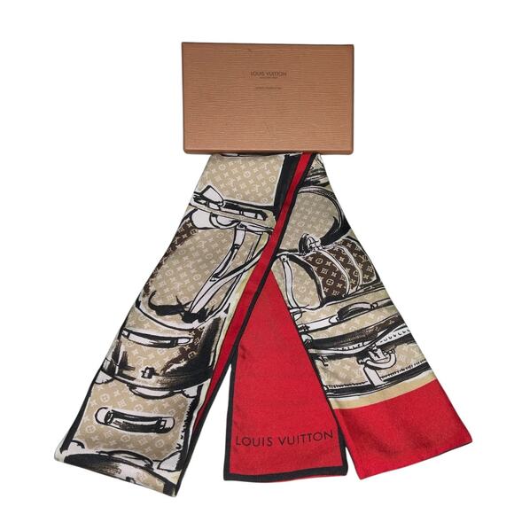 Louis Vuitton Bandeau Tribute Two Red Beige Silk Scarf W/Box - Picture 1 of 11